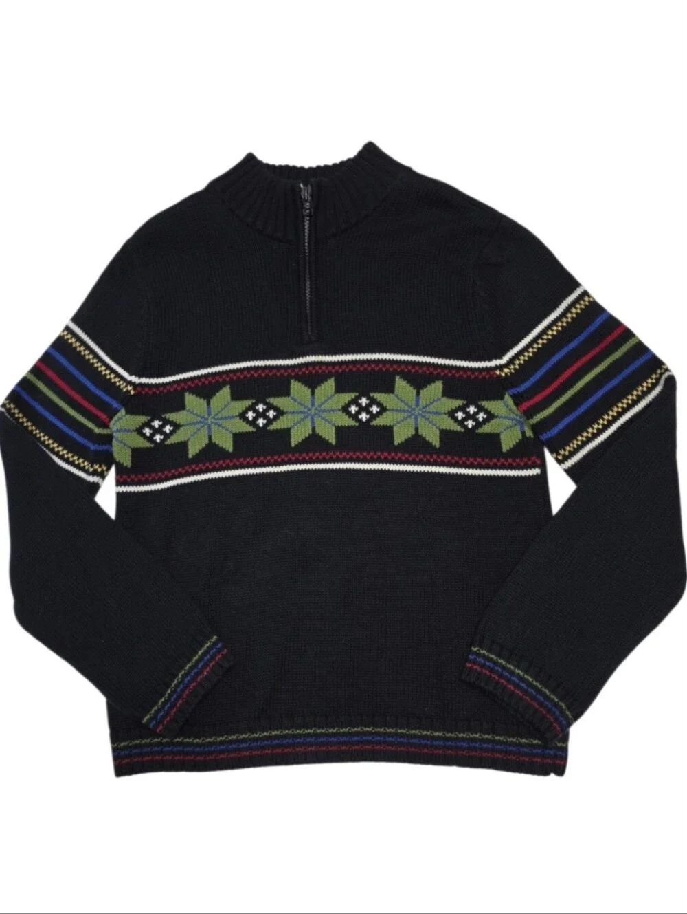 Talbots Kids Fair Isle Vintage Quarter-Zip Cotton Knit Black Sweater Sz 12